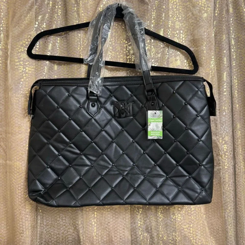 Badgley Mischka Black Quilted Vegan Leather Travel Weekender Tote Bag‎ NWT